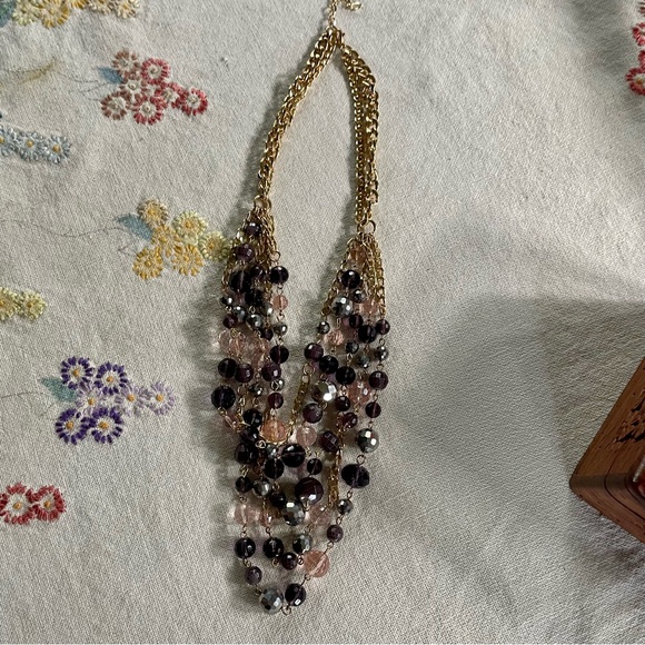 Multi Strand Crystal Beaded Statement Necklace. Purple, Pink Beads. Gold Tone - Picture 8 of 13